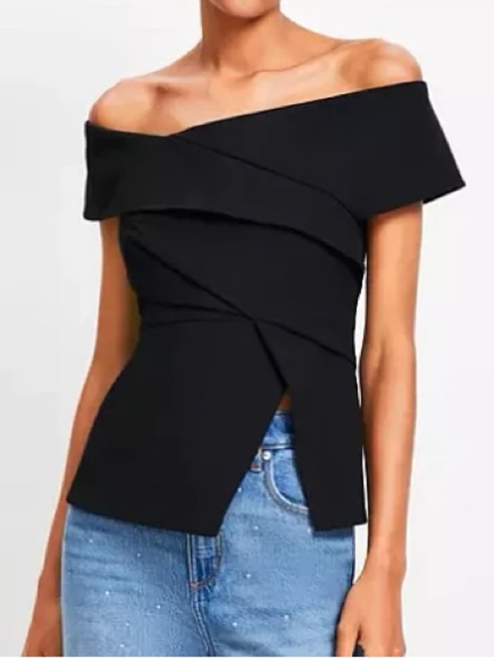 LOFT Black Off-Shoulder Wrap-Front Top